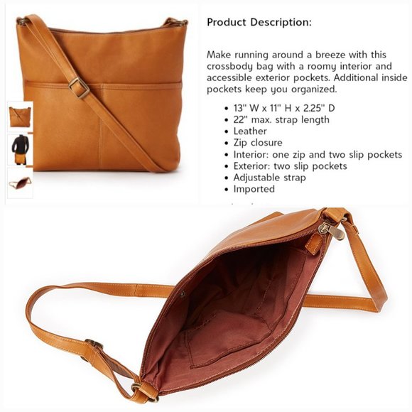 'LE DONNA' 'AVERELY' COLOMBIAN LEATHER TOP ZIP CLOSURE ADJUSTABLE CROSSBODY BAG - Picture 15 of 16